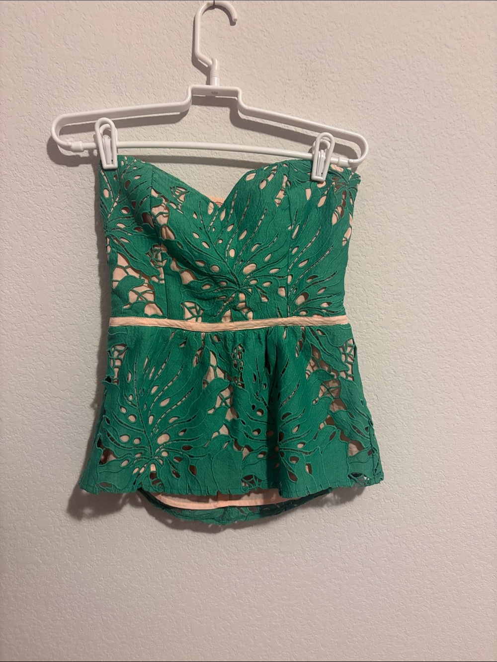 Judith March Small Strapless Green Lace Peplum top with Nude Underlay